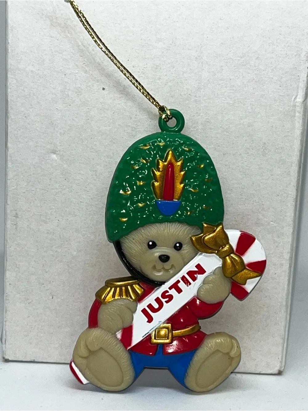 Vintage 1990’s Personalized British Teddy Soldier Ornament - Green Helmet, Red
